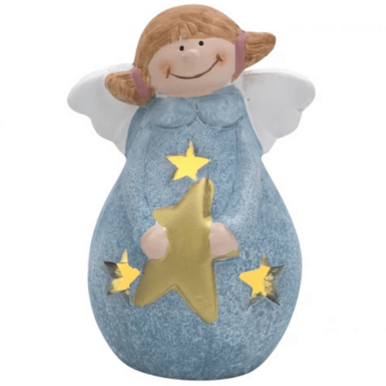 Figurka ceramiczna Aniołek  Świecący, Niebieski 14 cm – Dekoracja Świąteczna LED