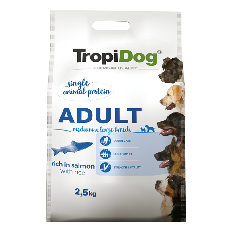 TropiDog Premium Adult MEDIUM & LARGE BREEDS – Rich bogata w łososia z ryżem 2.5kg