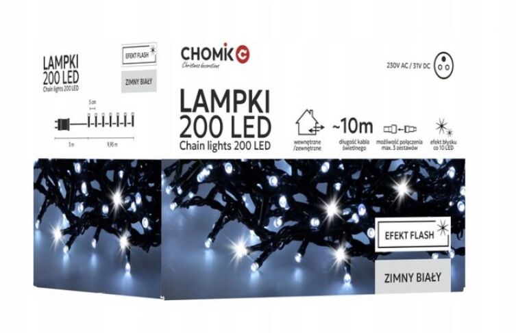 Lampki LED 200L Zimny Biały + Flash 3+10 m IP44 Wewnętrzne/Zewnętrzne