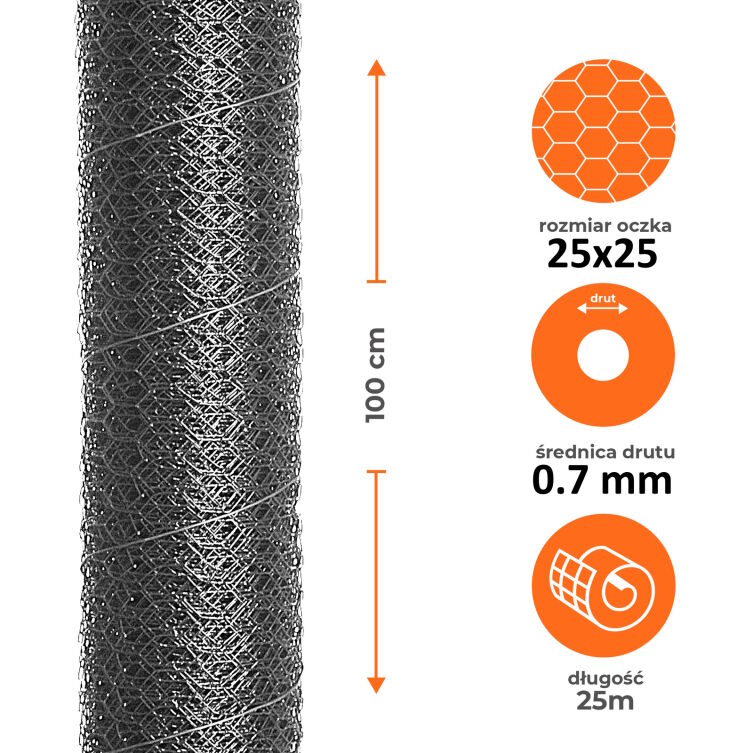 Siatka heksagonalna ocynkowana 1x25m, oczko 25x25mm drut 0,7mm