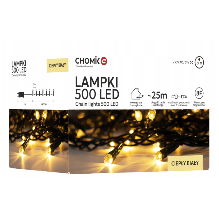 Lampki Choinkowe 500 LED 28m Ciepły Biały Programator Wewn./Zewn. IP44