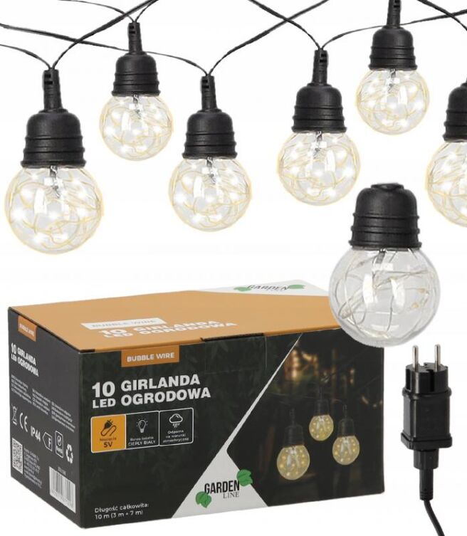 Girlanda Ogrodowa 10m 10 LED 5V Ciepły Biały z Uchwytami IP44