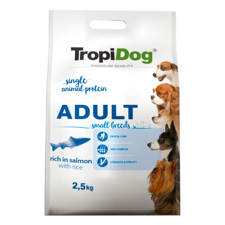 TropiDog Premium Adult SMALL BREEDS – Rich in SALMON, with RICE to karma Premium bogata w łososia, z ryżem 2.5kg