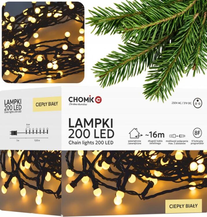 Lampki LED Kulki 200L Ciepły Biały – Idealne do Wnętrz i Na Zewnątrz!