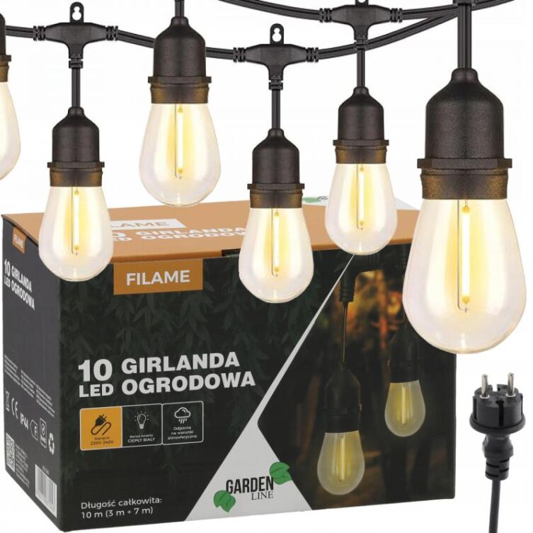 Girlanda Ogrodowa 10m 10 LED 230V Ciepły Biały z Uchwytami IP44